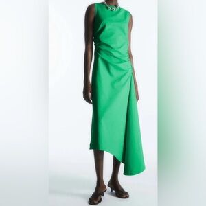 COS Emerald Green Ruched Asymetrical Midi Dress